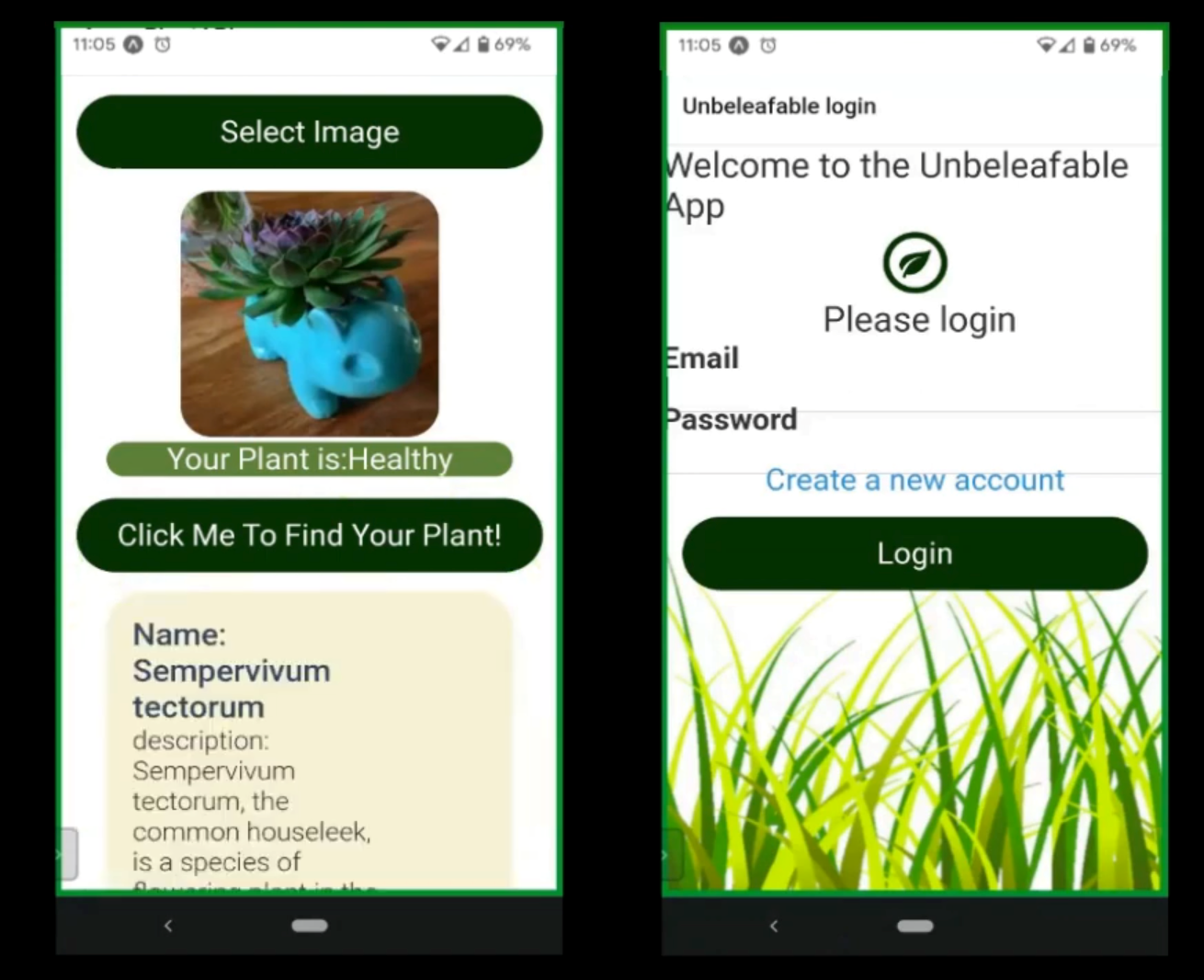 two screens of a phone app showing my plant project